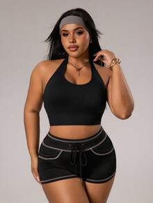 Rhythm Era Áo ngực thể thao không tay cổ yếm gợi cảm cỡ lớn cho nữ - màu đen - Xem 2