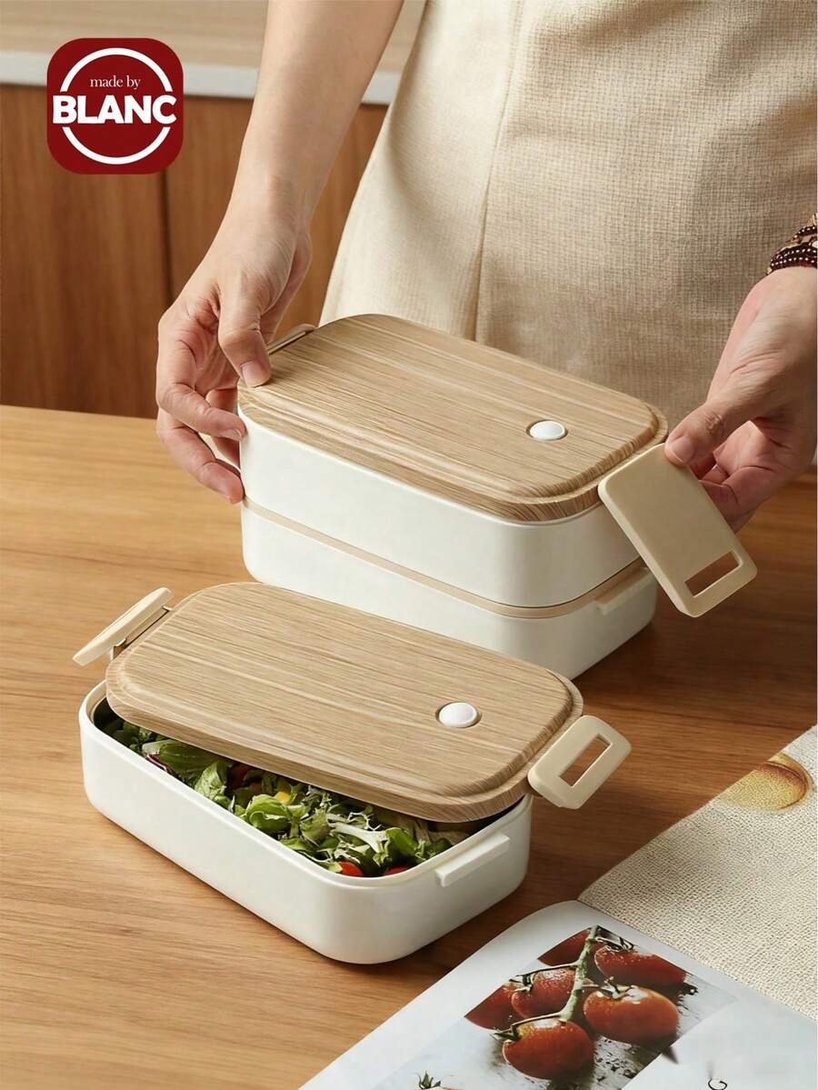 Madebyblanc 1PC 木纹单层和双层饭盒，容量大，适合上班族女生，男生，学生加热微波炉饭盒。 - 彩色 - 查看 1