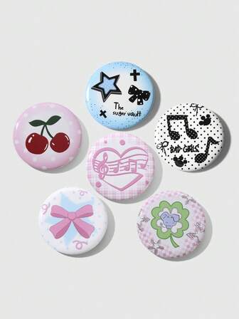 6pcs Anime Inspired Cute & Fashionable Assorted Enamel Pins, Including Cherry, Plaid, Star, Clover, Rabbit, Polka Dot, Heart, Music Note, Paw Print, Star, Cross Designs, Suitable For Sisters, Best Friends, Girlfriends, Women, Daily Wear, Holiday Gifts