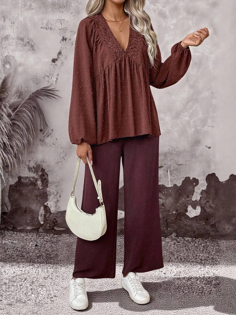 EMERY ROSE 2 piezas Conjunto de top de manga larga con cuello en V profundo y volantes y pantalones rectos de tela texturizada marrón, adecuado para viajes, ir al trabajo, estilo occidental, otoño/invierno de mujeres - Marrón - Ver 1