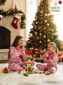 Tween Girls Pixel Heart + Gingerbread Print Colorblock Snug Fit Pajama Set, Long Sleeve Top And Pants, Spring/Autumn - Red - View 5