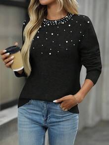 EMERY ROSE Women's Knitted Beaded Round Neck Long Sleeve Pullover Sweater, Fashionable & Versatile In Fall/Winter,Black Sweater,Fall,Fall Clothes For Women - Black - View 7