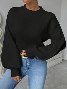 SHEIN PETITE 女式白色圆领灯笼袖简约百搭日常套头毛衣 - 黑色 - 查看 3