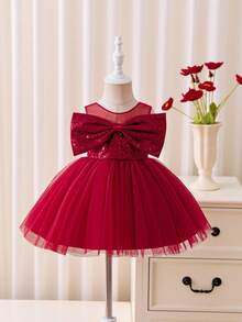 Glamorique Kids Baby Girls' Red Sequin Mesh Bow Decor High-End Satin Dress,Elegant Burgundy Summer Party Princess Dress For Christmas - Red - View 7
