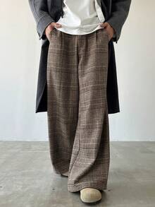 Manfinity Hypemode Men's Casual Houndstooth Pattern Loose Wide-Leg Suit Pants, Suitable For Work And Commute Men Wide Leg Pants Pleated Pants Men Wide Leg Pants Plaid Wide Leg Pants Men Plaid Pants - Khaki - View 4