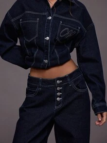 MUSERA 深色水洗撞色缝线后背系带牛仔裤，仅限秋季、冬季、夜间外出、街头风、可爱、返校、性感、时尚、春夏 - 深色水洗藍 - 查看 5