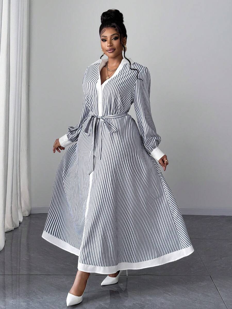 Maweii Plus Size Long Sleeve Casual Striped Elegant Commuter Shirt ...