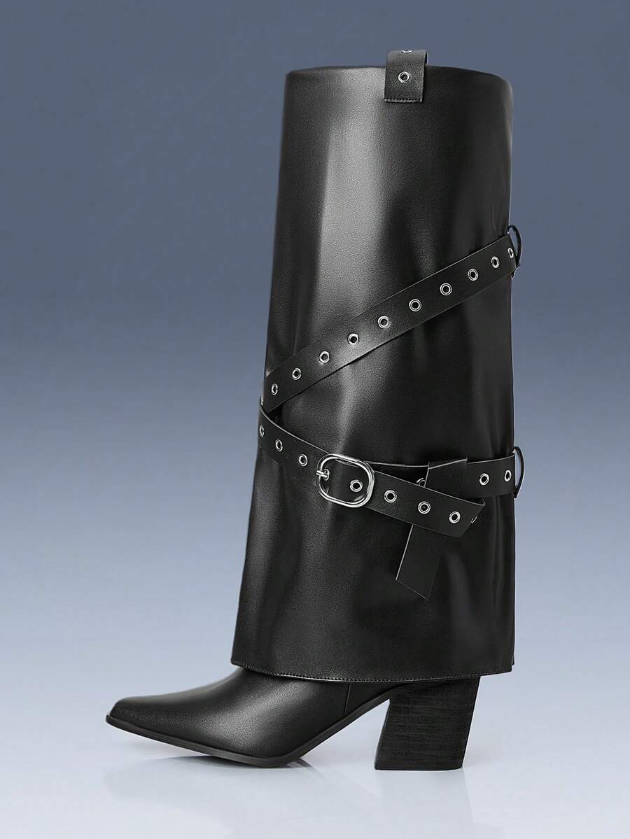 CUCCOO GRLICON Women's Studded Square Toe Chunky Heel Over-The-Knee Boots - Black - View 1