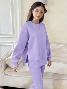 SHEIN 一套少女时尚个性休闲开衩宽松落肩卫衣和紧身打底裤套装，棕色，秋冬款 - 紫色 - 查看 5