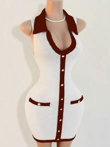 Mistrie Black And White Waist Cinched Women's Sweater Dress, Mini Knit Sweater Dress With Contrasting Collars, Casual And Sexy Spring And Summer Women's Clothing That Meets Basic Travel Needs - Red and White - View 4