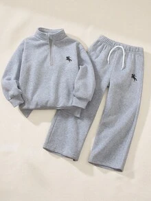 Genkimix Kids 2 件套男童半拉链立领运动衫，长袖直筒裤，图案印花，罗纹袖口和下摆，保暖内衬，休闲而精致，适合秋冬运动、户外、学校 - 灰色 - 查看 9