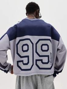 SUMWON Sudadera deportiva de manga larga con cuello en V y gran número impreso para uso casual diario, jersey oversize, jersey holgado, moda de los 90 para hombres - azul real - Ver 2