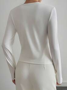 Livesso Women's Casual Solid Color Round Neck Slim Fit Base Layer T-Shirt, Autumn/Winter Long Sleeve Women - White - View 2
