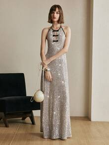 Arave Vestido de fiesta elegante con escote en V y cuello halter con lentejuelas para mujer