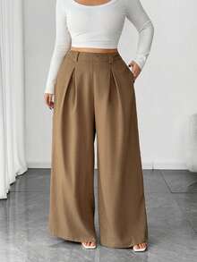 Elenzga 大码女式阔腿裤，纯杏色，款式优雅，时尚通勤和办公室穿着 - 卡其色 - 查看 3