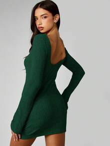 MISSGUIDED Ribbed Knit Long Sleeve Mini Dress Off Shoulder Bodycon Fitted Winter Fall Sweater Dress - Dark Green - View 2