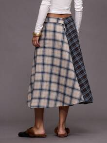 MUSERA 翻折腰身不对称撞色双色格纹纽扣半身裙，仅上装，适合夜间外出、街头风、可爱性感、未裁剪、优雅 - 彩色 - 查看 4