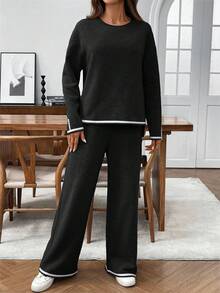 EMERY ROSE 2pcs Women Contrast Color Trim Thermal Lined Sweatshirt And Sweatpants Set, Autumn/Winter - Black - View 6