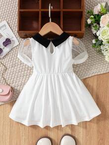 Baby Girl Cute Puff Sleeve Peter Pan Collar Dress, Whether Playing On A Sunny Spring Day Or Attending A Cozy Family Gathering, This Dress Will Make The Little Princess Radiate Endless Charm - White - View 2