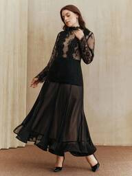 Anewsta Anewsta Women's Elegant Romantic Lace Patchwork Ruffle Hem Long Sleeve Fitted Maxi Dress, Plus Size