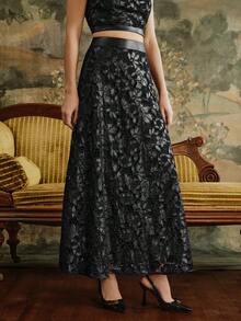 Anewsta 女士镂空刺绣优雅重磅半身裙，黑色 - 适合秋季、冬季、新年、派对、婚礼、优雅、时尚、别致、潮流、圣诞节、节日等场合 - 黑色 - 查看 2