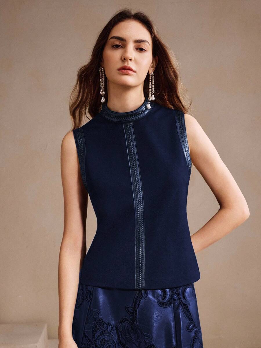 Anewsta 女士优雅休闲无袖立领背心，适合秋季、新年等场合，优雅时尚，休闲百搭。 - 藏蓝色 - 查看 1