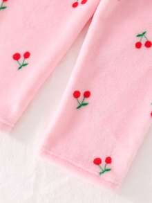 Girls' Minimalist Cherry Pattern Long Sleeve Pajama Set, Comfortable & Warm Fleece - Multicolor - View 4