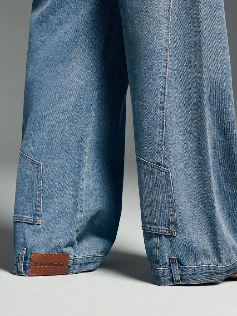 Denimoi 倒口袋下摆宽松阔腿牛仔裤 - 中等水洗藍 - 查看 1