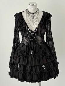 Sunspun Áo thun dài tay ôm sát cổ vuông xếp nếp và cổ kim cương cỡ lớn - màu đen - Xem 6