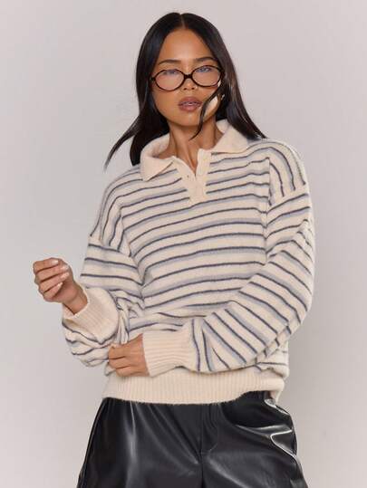 MUSERA Suéter tipo polo de manga larga con botones, cuello y rayas, de ajuste relajado, estilo casual y elegante para , fiestas, aeropuerto, regreso a clases, invierno y uso diario