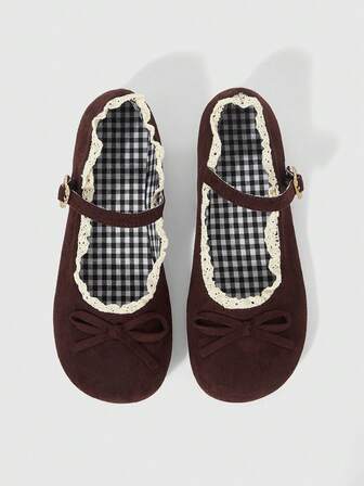 Kawaii Mocassini da donna marroni, scarpe Mary Jane a punta chiusa, ballerine con fiocco stile Lolita