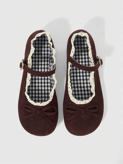 Kawaii Women's Brown Loafers, Closed Toe Mary Jane Shoes, Bow Lace Lolita Flats, Ballet Flats