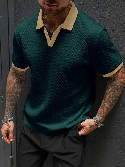 Manfinity CasualCool Camisa polo de manga corta con textura y ribete verde oscuro casual para hombre, camisa de punto de malla de verano, patrón de estilo universitario de dinero antiguo, polo retro para citas de hombre, formal