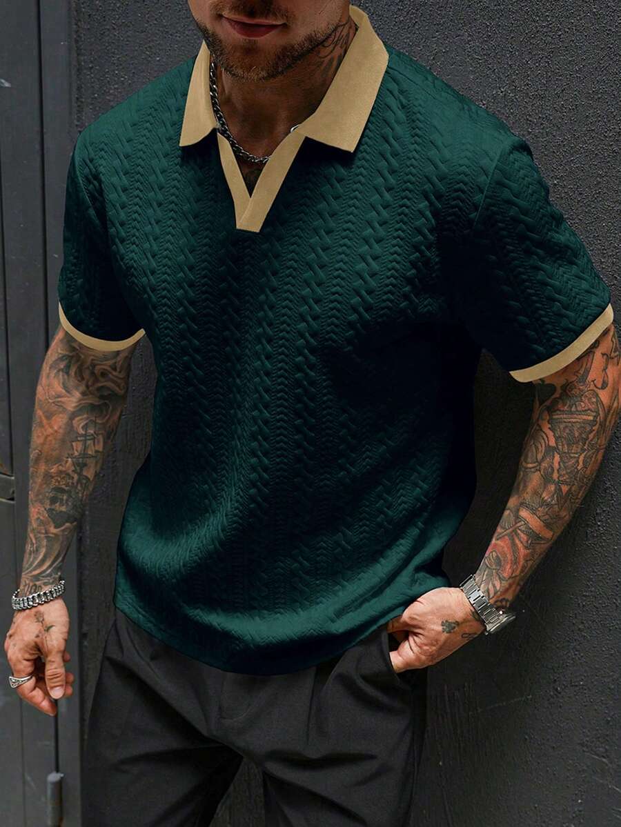 Manfinity Homme 男士休闲纹理短袖 Polo 衫，夏季学院风图案 Polo 衫，男士纽扣针织网眼 Polo 衫，复古针织衫，适合日常休闲、周末旅行、户外活动、探险旅行、轻松的工作环境或半正式场合，也是送给男友/丈夫、周年纪念日或圣诞节的理想礼物。 - 墨綠色 - 查看 1