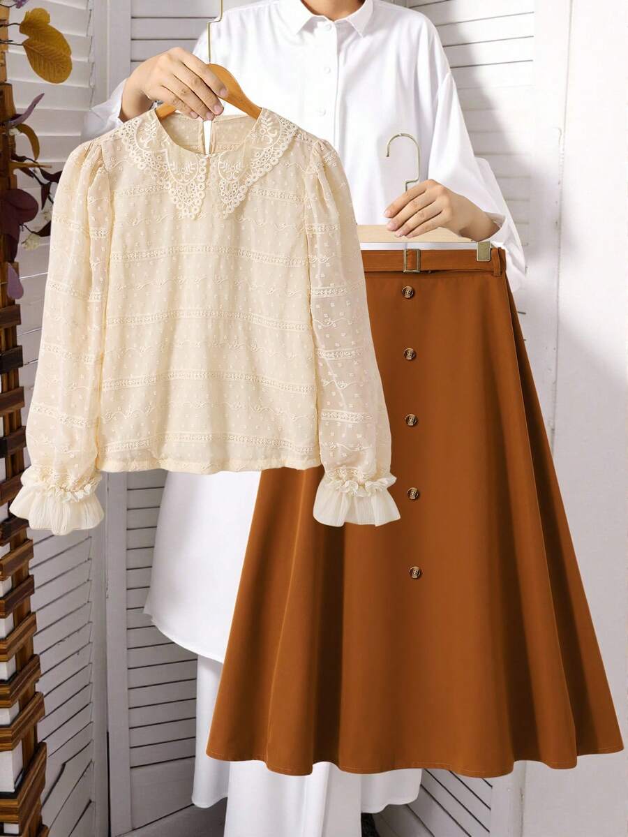 SHEIN 少女刺绣长袖衬衫和迷你裙时尚套装 - 棕色 - 查看 1