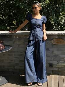 DAZY 女士夏季方领短袖牛仔上衣和直筒牛仔裤休闲牛仔套装