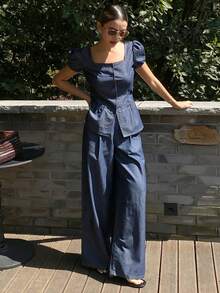 DAZY 女士夏季方领短袖牛仔上衣和直筒牛仔裤休闲牛仔套装