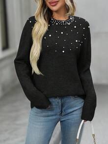 EMERY ROSE Women's Knitted Beaded Round Neck Long Sleeve Pullover Sweater, Fashionable & Versatile In Fall/Winter,Black Sweater,Fall,Fall Clothes For Women - Black - View 5