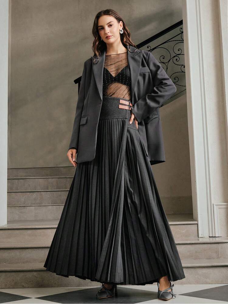 Elegant Women's Pleated Patchwork Metal Button Decor Formal Work Dress
