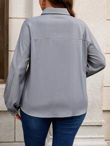 EMERY ROSE Plus Size Women Casual Long Sleeve Turndown Collar Regular Blouse, Suitable For Leisure, Outdoor, Commuting - Grey - View 2