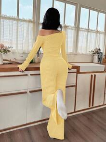 Lowkey Lull 女士不对称领条纹印花长袖上衣和裤子睡衣套装，曲线两件套，女士两件套休闲两件套，两件套家居服套装，女士秋冬服装 - 黃色 - 查看 2