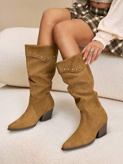 Daringsoles Women's Fashionable Vintage Studded Decor Chunky High Heel Western Boots