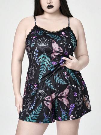 Goth Set pigiama in raso con camisole e pantaloncini, taglie forti, con stampa all-over di fiori, piante, serpenti e funghi, con dettagli in pizzo, stile gotico