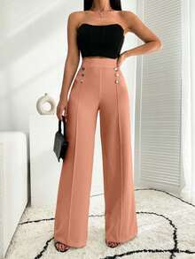 EURMUSE White Wide Leg Pallazzo Pant With Button Detail - Coral Pink - View 4
