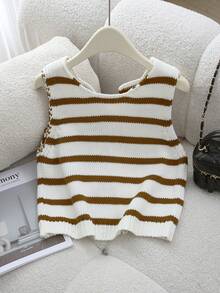 Elamini Women's Autumn/Winter Casual Knitted Vest With Bow Decor And Striped Pattern - Multicolor - View 2