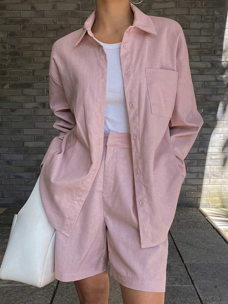 Women's Collared Cardigan And Cropped Casual Urban 2 Pieces Set