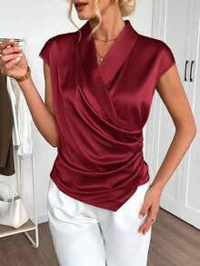 EMERY ROSE Women's Solid Color Shawl Collar Ruched Asymmetric Hem Fashion Blouse,Red Top,Christmas,Red Tops For Women - Burgundy - View 4