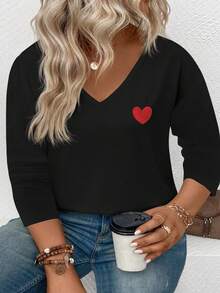 EMERY ROSE Maglietta a maniche lunghe con scollo a V e stampa a cuori, taglia comoda, popolare per l'autunno/inverno