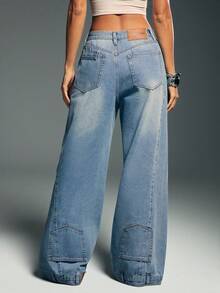 Denimoi 倒口袋下摆宽松阔腿牛仔裤 - 中等水洗藍 - 查看 3