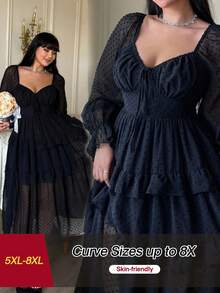 SHEIN CURVE+ 春/秋季、秋/冬季新款法式优雅宴会雪纺波点蝴蝶结装饰胸罩杯长袖A字连衣裙，腰部收紧荷叶边 - 黑色 - 查看 1